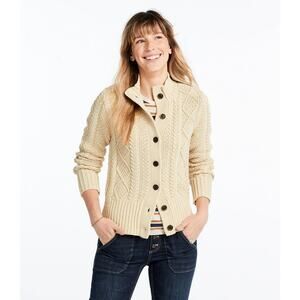 LL Bean Signature Women Size L Cotton Fisherman CableKnit Sweater Short Cardigan